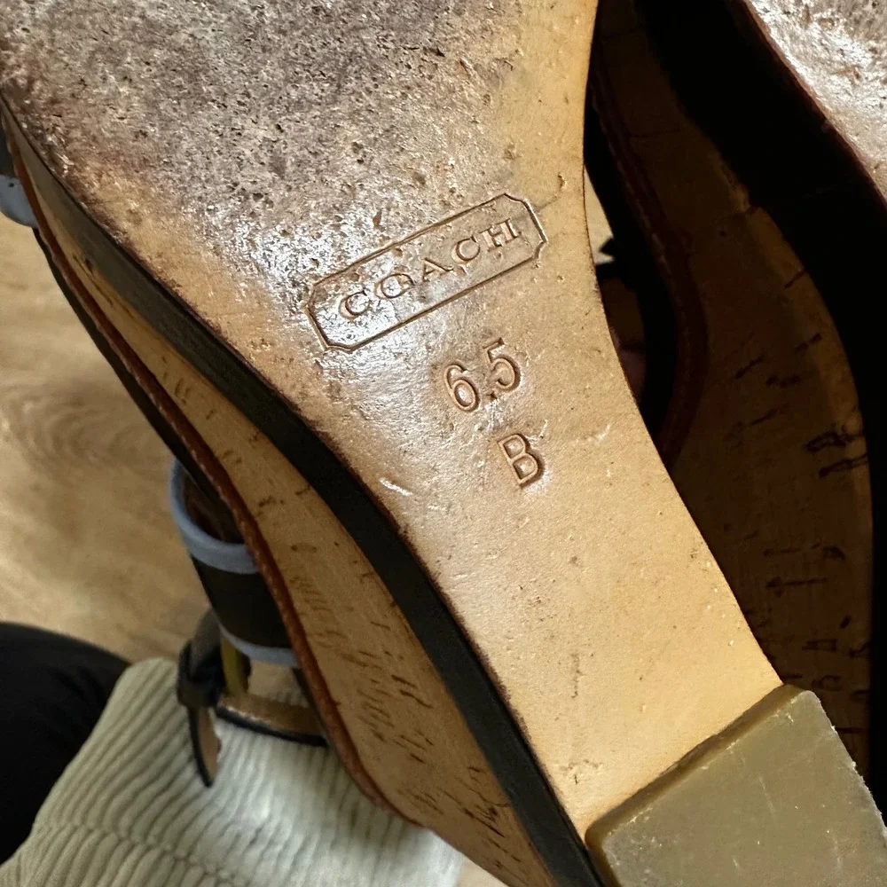 Coach | Women's Brown Blue Leather Tassel Cork Platform Wedge Sandals, 6.5B